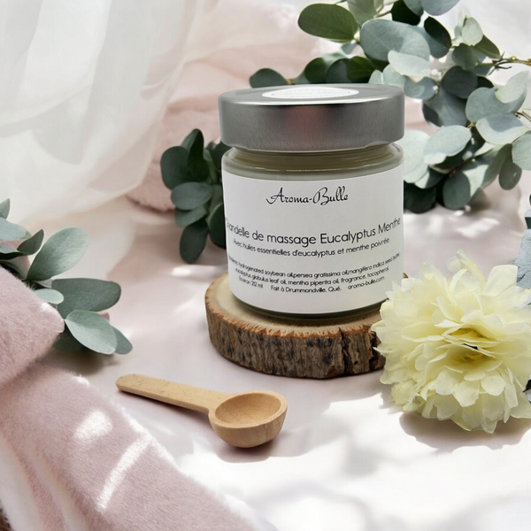 Bougie de massage avec huiles essentielles d'eucalyptus et de menthe poivrée