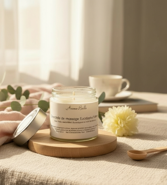 Bougie de massage avec huiles essentielles d'eucalyptus et de menthe poivrée